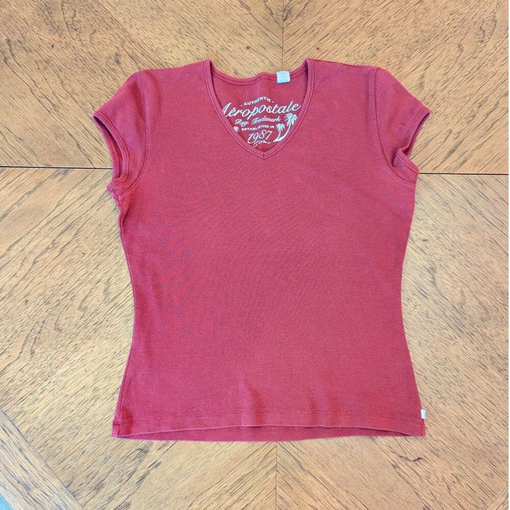Vintage Y2K Aeropostale Brick Red Maroon V-Neck Cap Sleeve Baby Tee Size M
